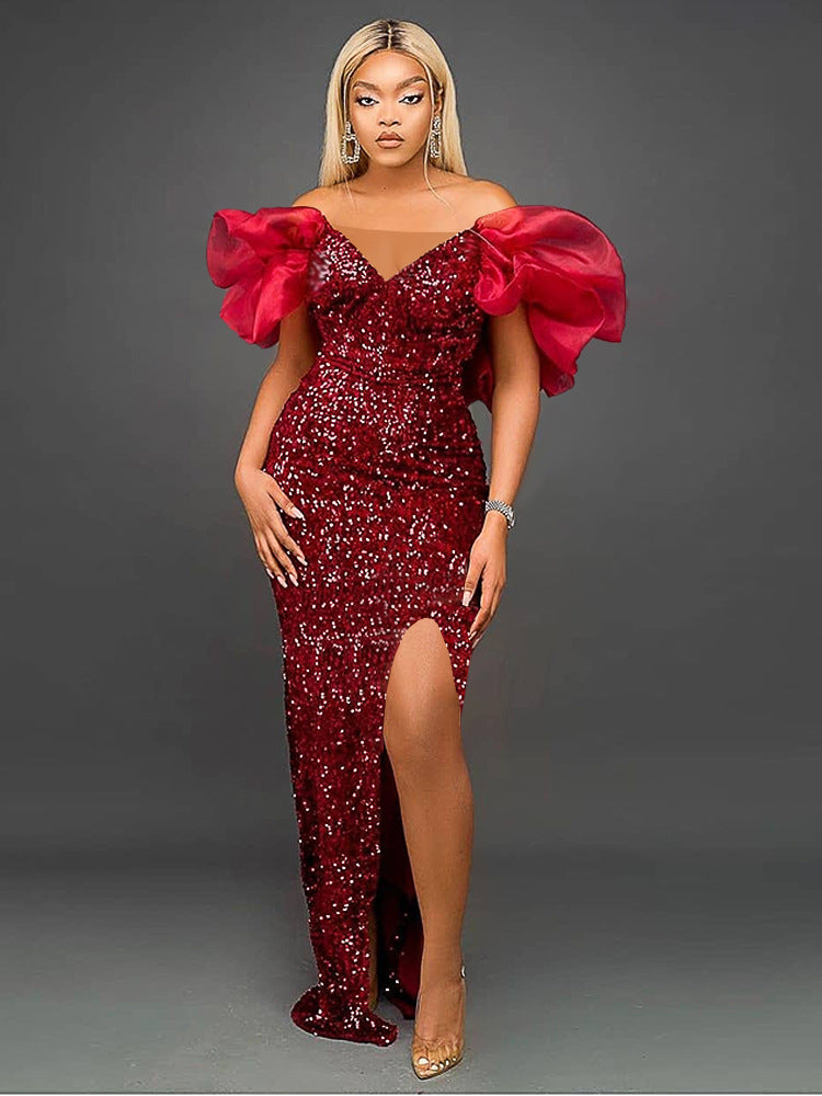 BamBam Sexy Ruffled V-Neck Chic Sequined Off Shoulder Long Dress Female Formal Party Evening Dress - BamBam Clothing