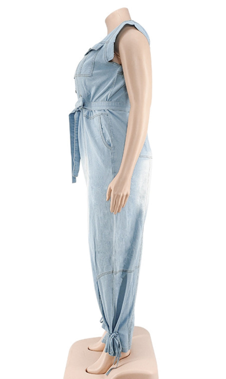 BamBam Summer Plus Size Sleeveless Denim Jumpsuit with Belt - BamBam Clothing