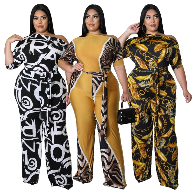 BamBam Women Autumn Black Modest Slash Neck Half Sleeves Letter Print Belted Full Length Loose Plus Size Jumpsuit - BamBam Clothing