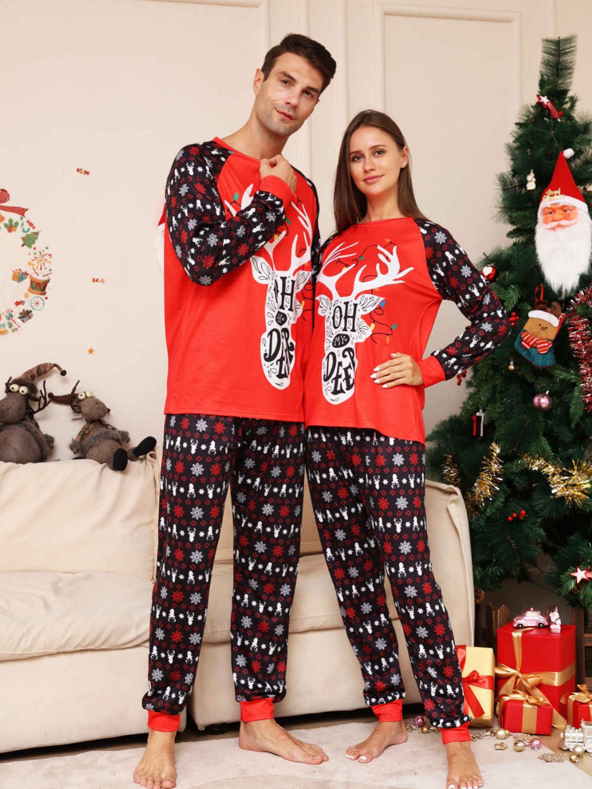 BamBam Letter Snowflake Deer Printed Christmas Parent-Child Pajamas Outfit Home Clothes - BamBam