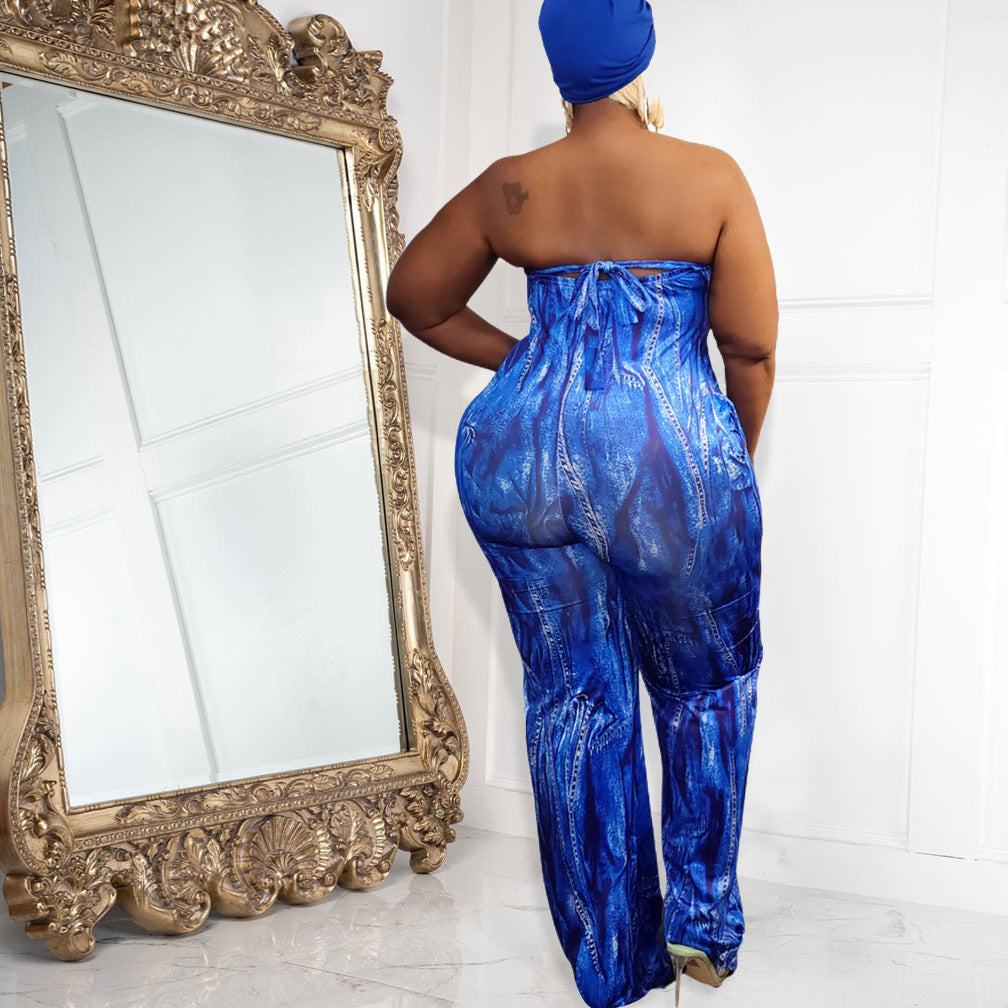 BamBam Plus Size Women Sexy Strapless Printed Wide Leg Jumpsuit - BamBam Clothing