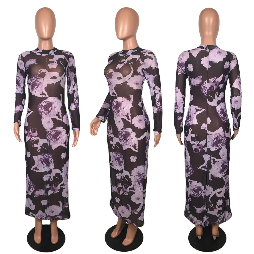 BamBam Women's Fashion and Sexy See-Through Stretch Mesh Print Maxi Dress - BamBam