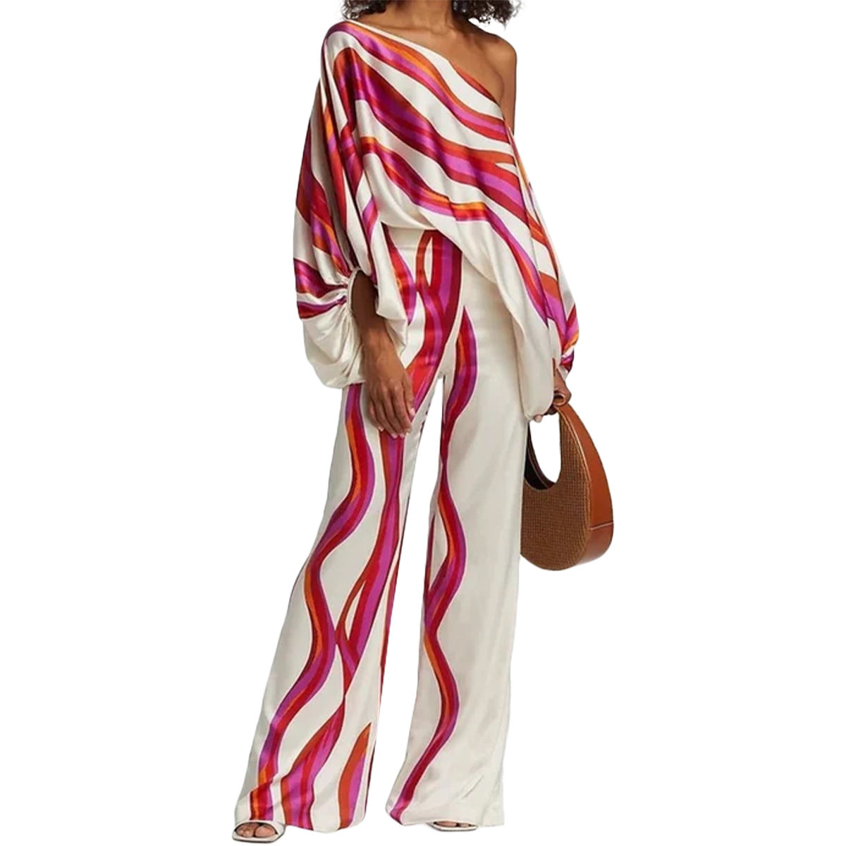 BamBam Women Casual Loose Off Shoulder Top and Printed Wide Leg Pants Two-piece Set - BamBam