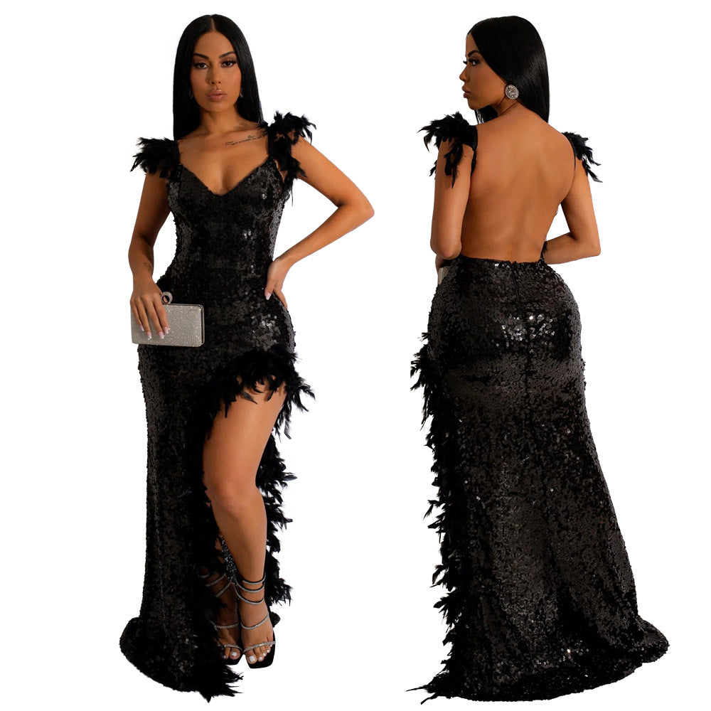 BamBam Sexy Feather Straps High Slit Sequin Low Back V-Neck Party Nightclub Style Dress - BamBam Clothing Clothing