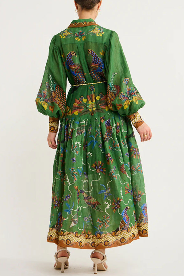 BamBam Autumn Printed Printed Long Sleeve Button Up Long Dress For Women - BamBam