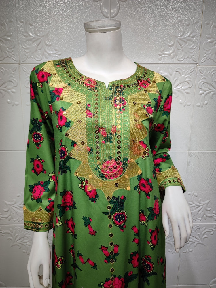 BamBam Women Spring Green Arab Dubai Middle East Turkey Morocco Floral Print Islamic Clothing Kaftan Abaya Muslim Dress - BamBam