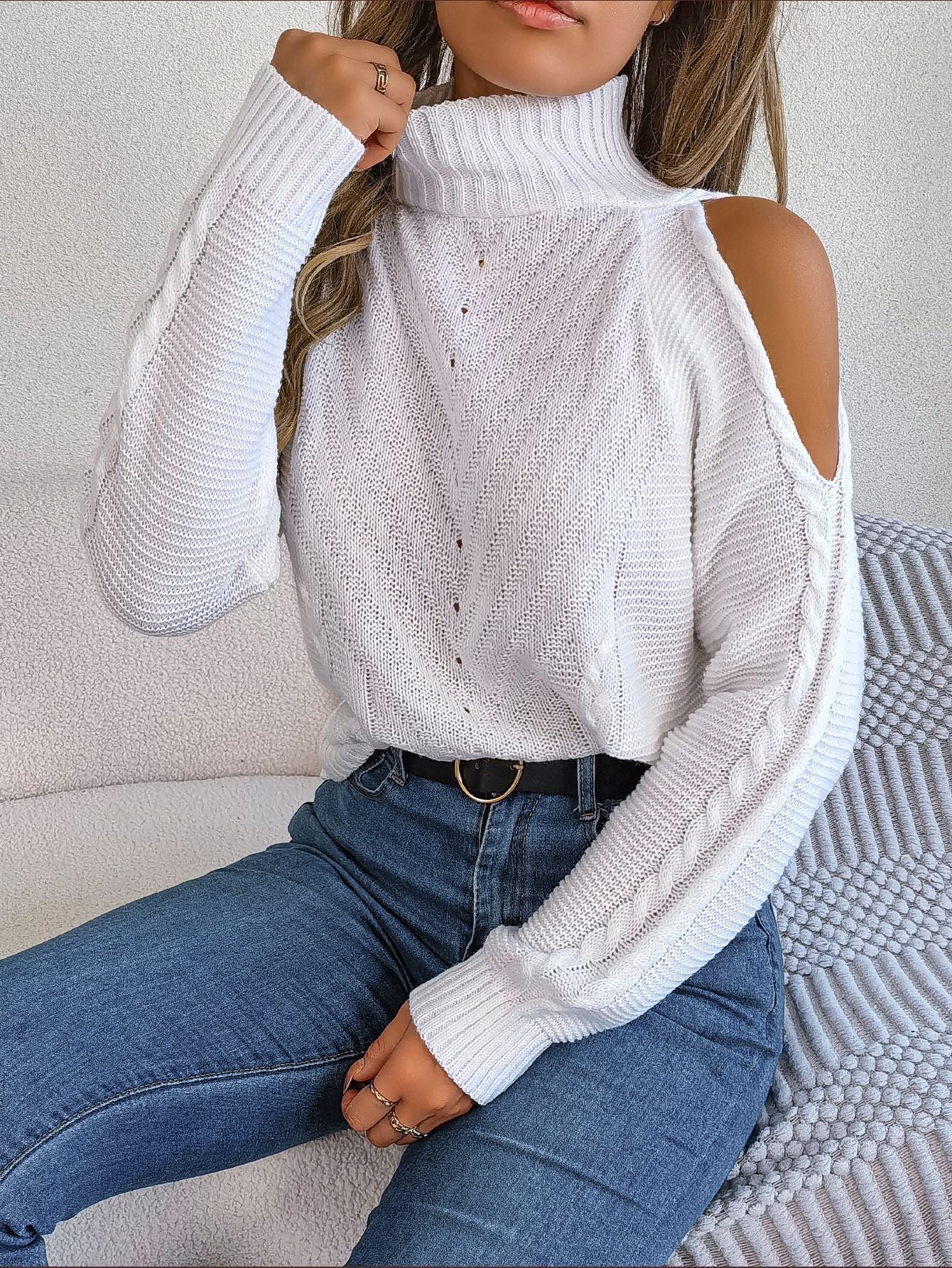 BamBam Women Casual Off Shoulder Turtleneck Cutout Long Sleeve Sweater - BamBam