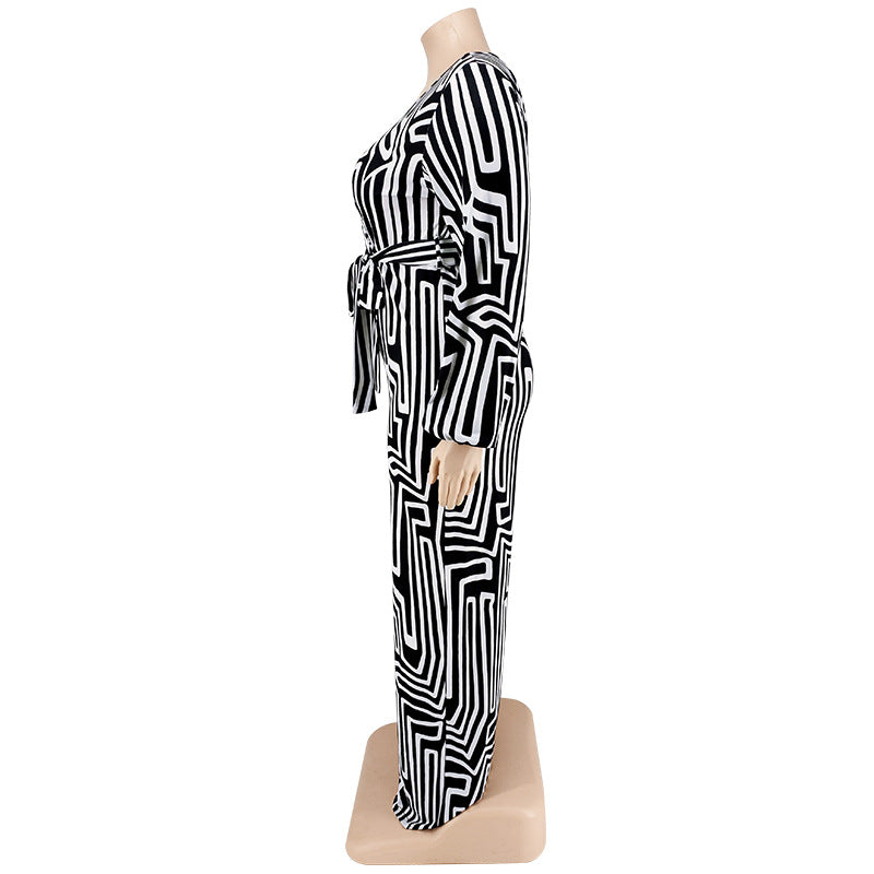 BamBam Plus Size Women'S Print Long Sleeve Wrap Wide Leg Jumpsuit - BamBam Clothing