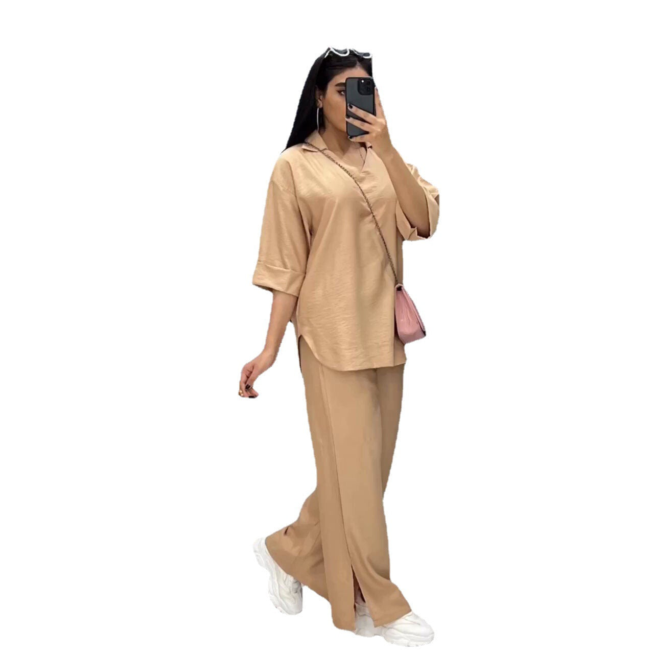BamBam Plus Size Women Loose Top and Slit Wide Leg Pants Two-piece Set - BamBam
