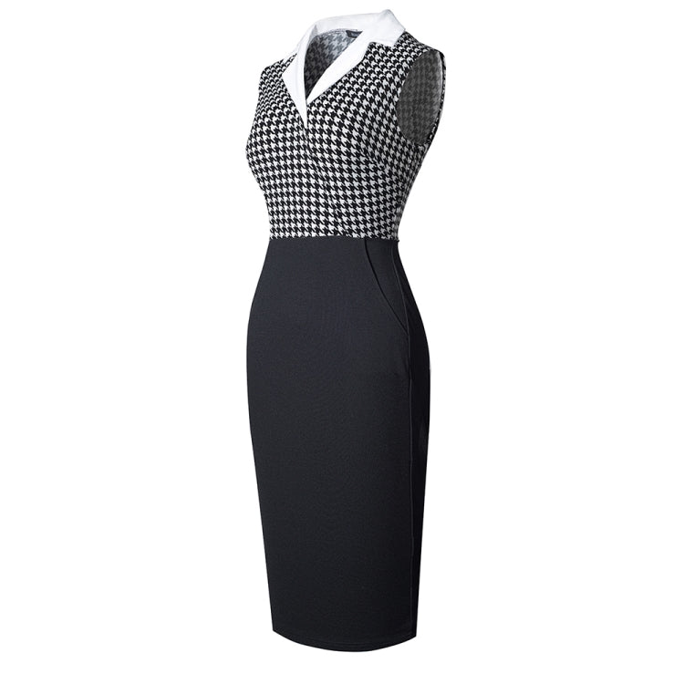 BamBam Houndstooth Patchwork Sleeveless Mid-Waist Polo Neck Bodycon Work Dress - BamBam