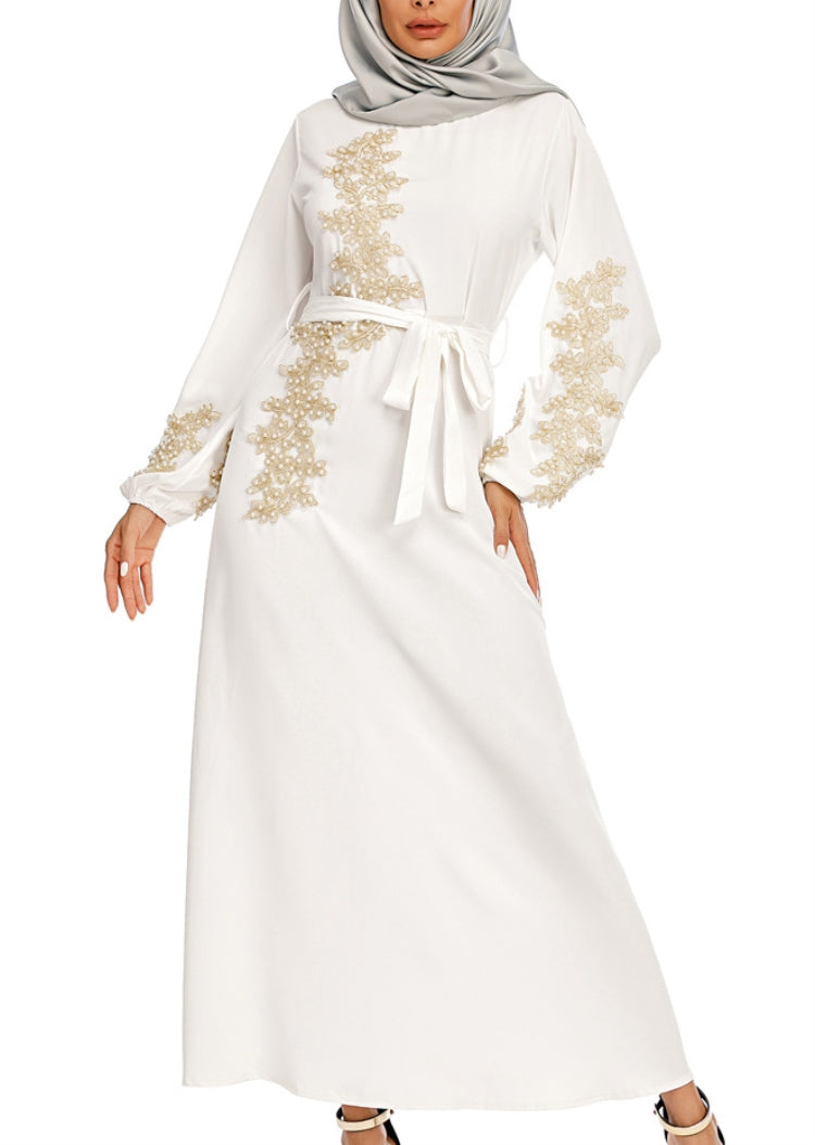 BamBam Arab Dubai Arab Middle East Turkey Morocco Islamic Clothing Rhinestone Kaftan Abaya Muslim Dress White - BamBam