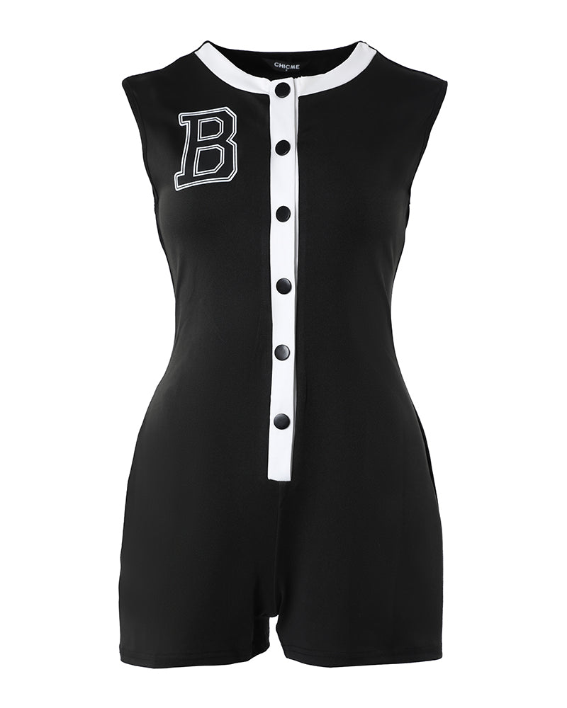 BamBam Fashion Letter Embroidered Sleeveless Button Up Jumspuit - BamBam