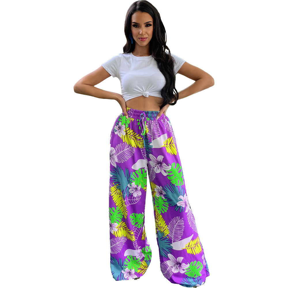 BamBam Women's Fashion Print Drawstring Wide-Leg Pants With Pockets - BamBam