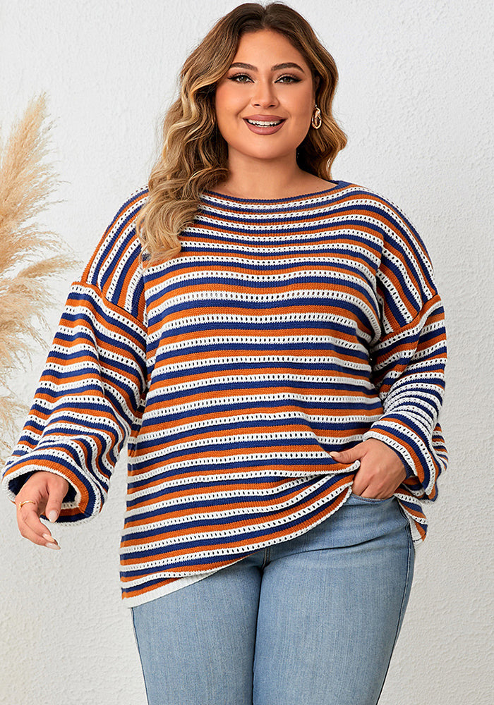 Plus Size Women Striped Loose Round Neck Top