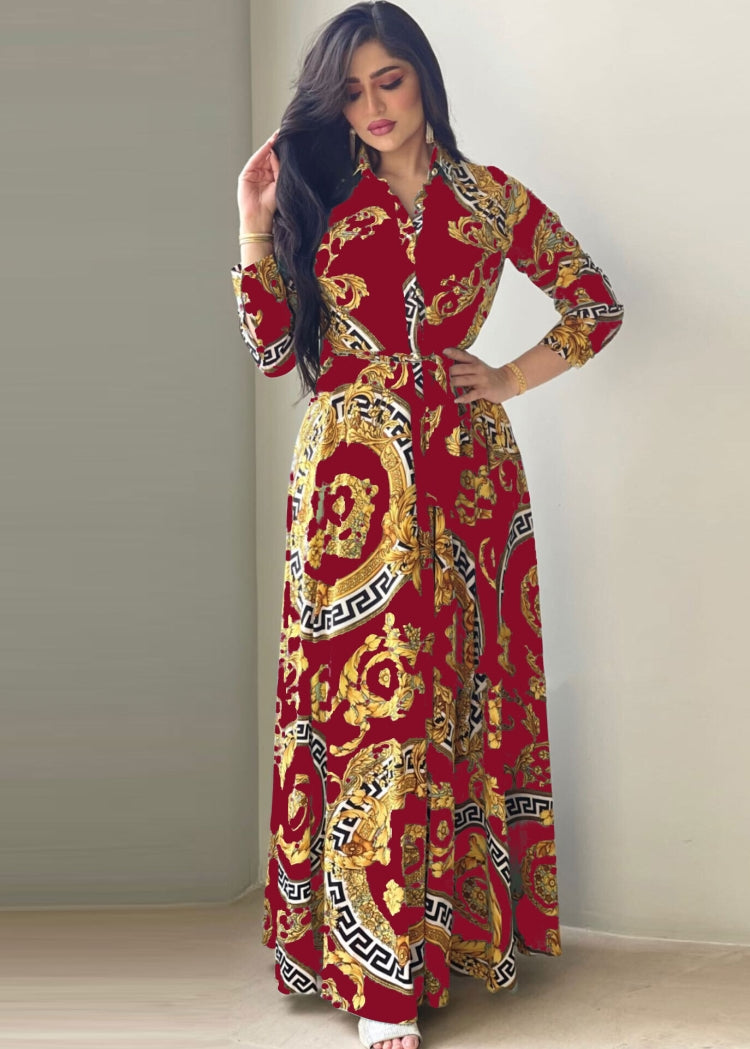 BamBam Women Spring Red Arab Dubai Middle East Turkey Morocco Printed Belted Islamic Clothing Kaftan Abaya Muslim Dress - BamBam