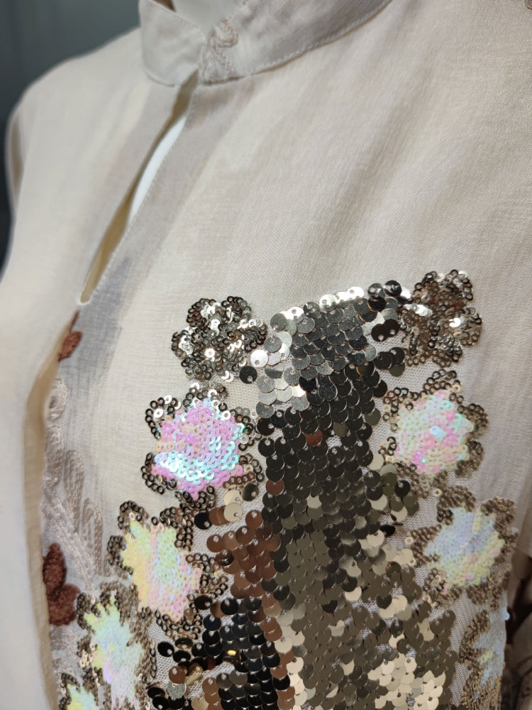 BamBam Spring Sequins Embroidered Apricot V-neck Long Sleeve Maxi Dress Middle East Dubai Muslim Dresses - BamBam