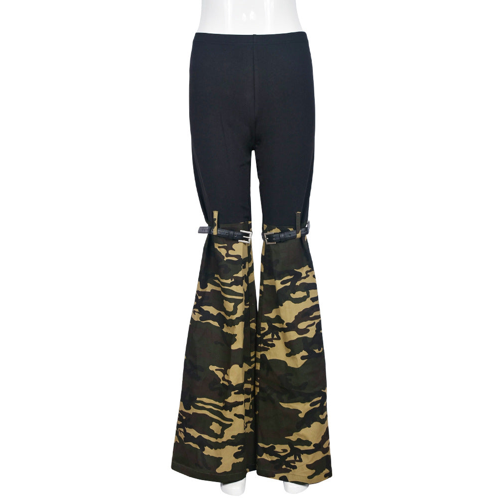 BamBam Women Style Camo Patchwork Bell Bottom Stretch Pants - BamBam