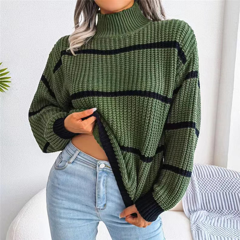 BamBam Autumn And Winter Casual Striped Lantern Sleeve Half Turtleneck Knitting Pullover Sweater For Women - BamBam