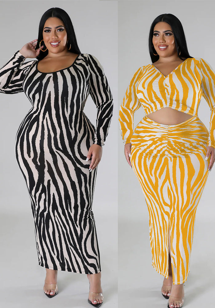 Plus Size Women Autumn Zebra Print Two-Wear Long Sleeve Dress