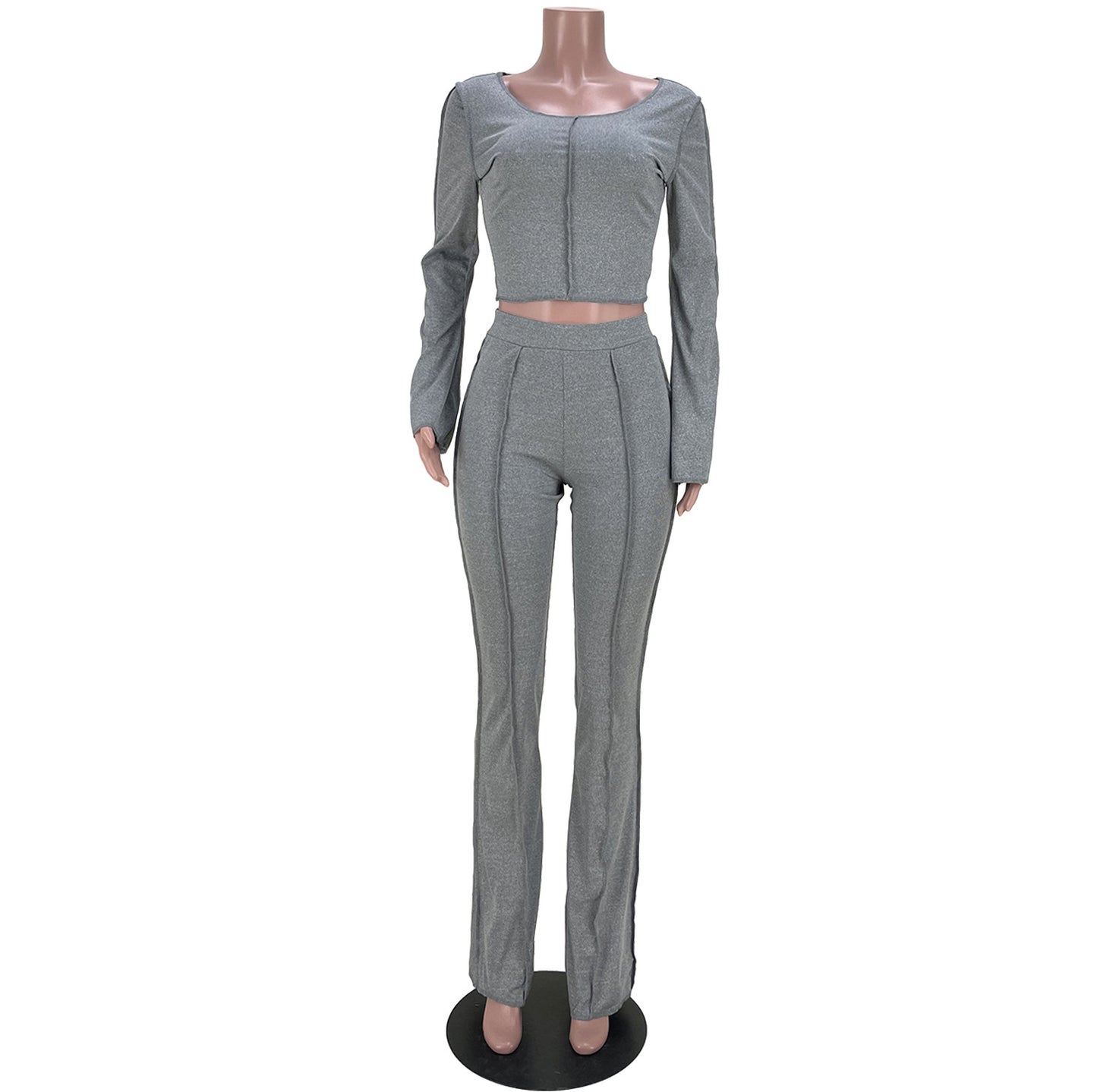 BamBam Women Ribbed Long Sleeve Top and Bell Bottom Pants Casual Two Piece Set - BamBam