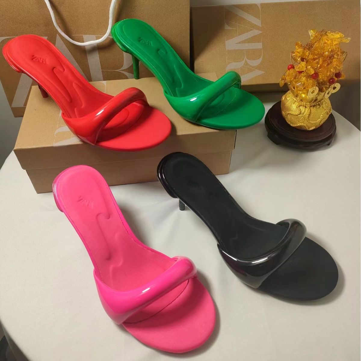 BamBam Women Shoes Wide Candy Color High Heels Slippers Sandals - BamBam