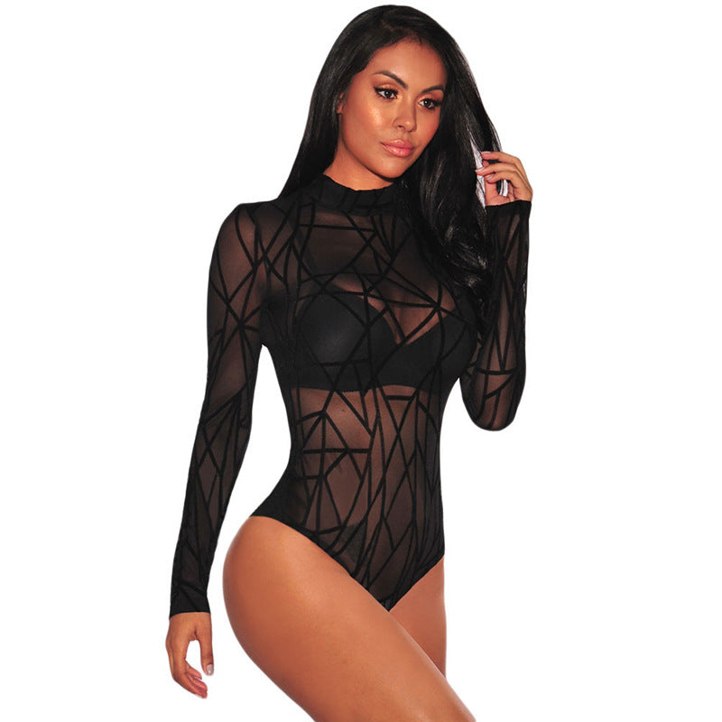 BamBam Sexy Black High Collar Long Sleeve Mesh Geometric Velvet Sexy One Piece Bodysuit - BamBam