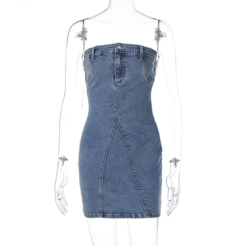 BamBam Summer Women Sexy American Off Shoulder Denim Strapless Bodycon Dress - BamBam Clothing