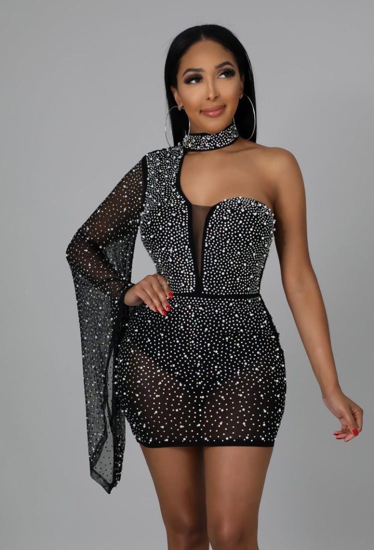 BamBam Fall Sexy Black Bling Beaded Choker One off Shoulder Club Dress - BamBam Clothing