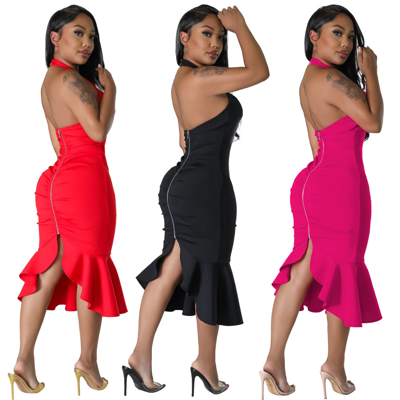 BamBam Ladies Fashion Sexy Slim Low Back Sleeveless Solid Color Dress - BamBam Clothing