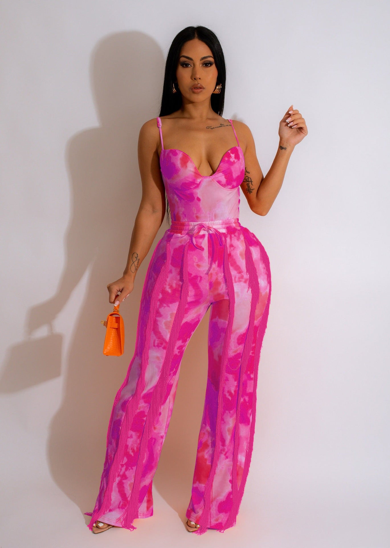 BamBam Women's Set Printed Fringed Lace Camisole Bodysuit + Pants Two-Piece - BamBam