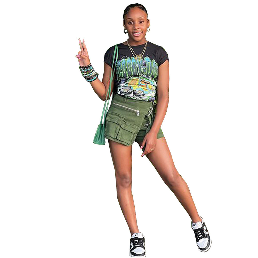 BamBam Women's Summer Irregular Multi Pocket Cargo Shorts Loose Zipper Denim Pants - BamBam