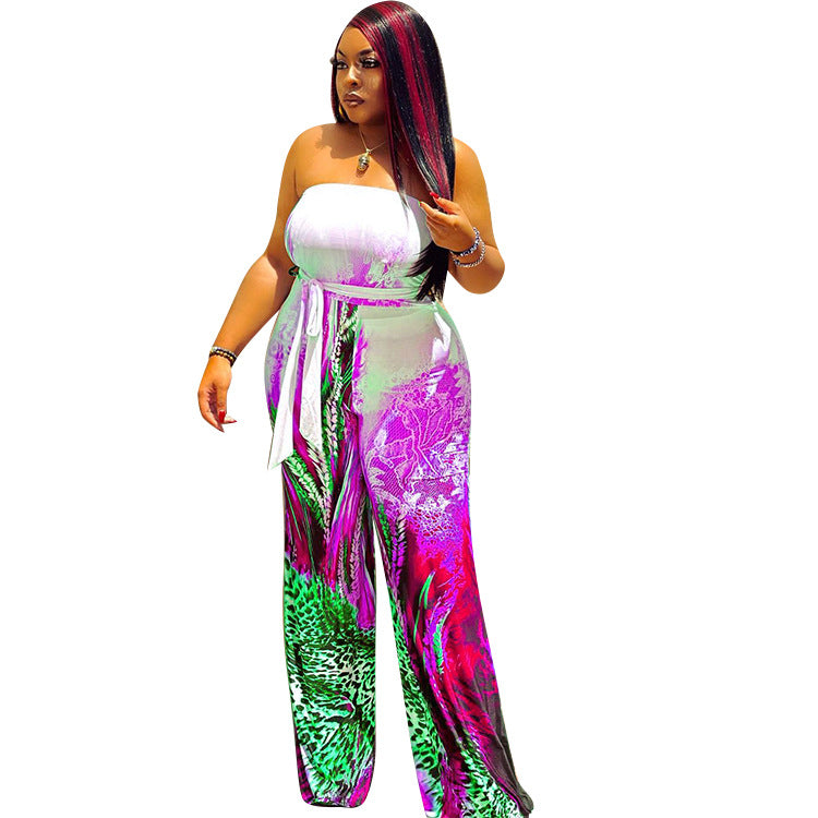 BamBam Plus Size Women's Fashion Sexy Strapless Print Wide Leg Jumpsuit - BamBam Clothing