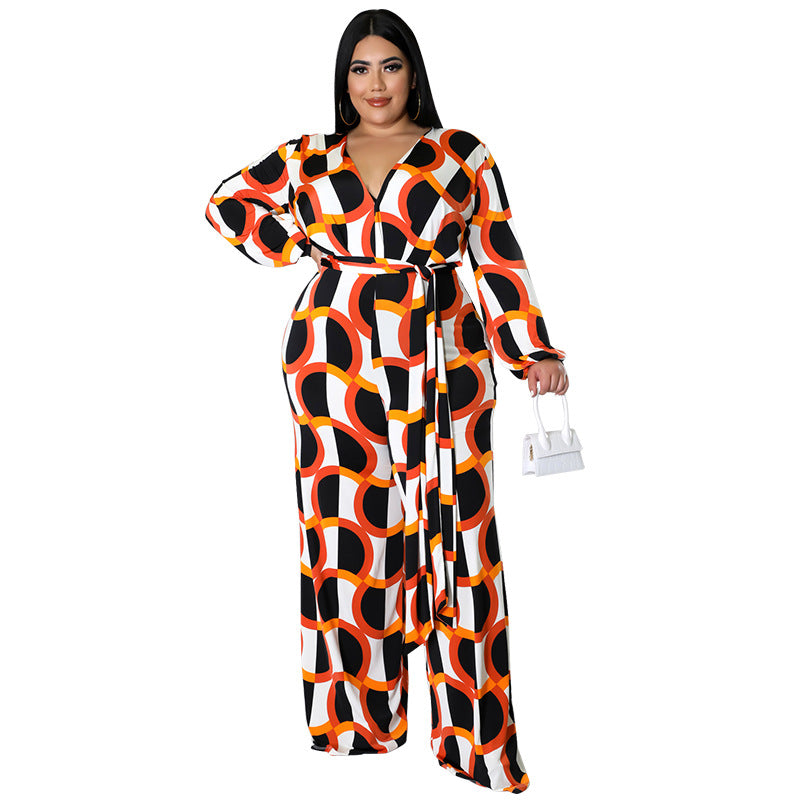 BamBam New Fashion Plus Size Women'S Fall Long Sleeve Print Casual Wide Leg Jumpsuit - BamBam Clothing