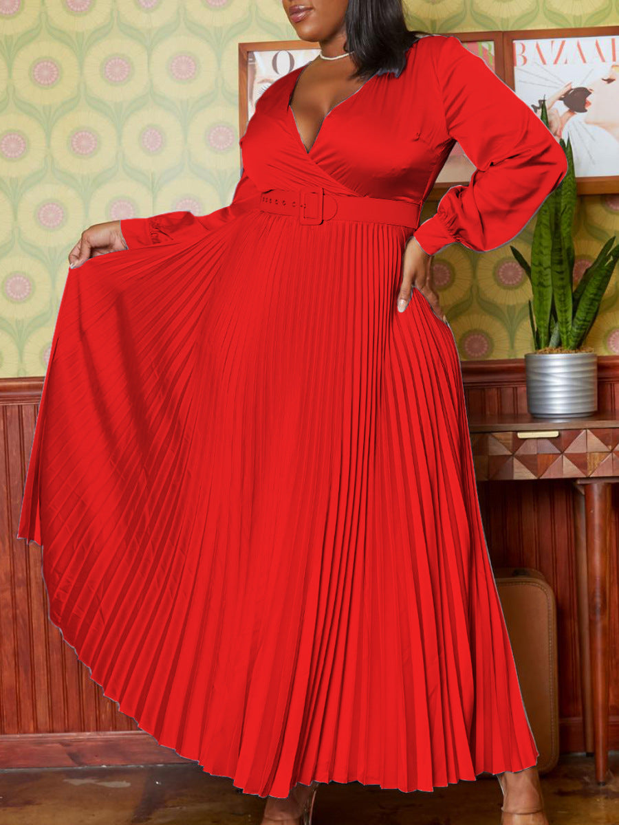 BamBam Plus Size Women's V Neck Fashion Chic Solid Color Pleated Dress - BamBam