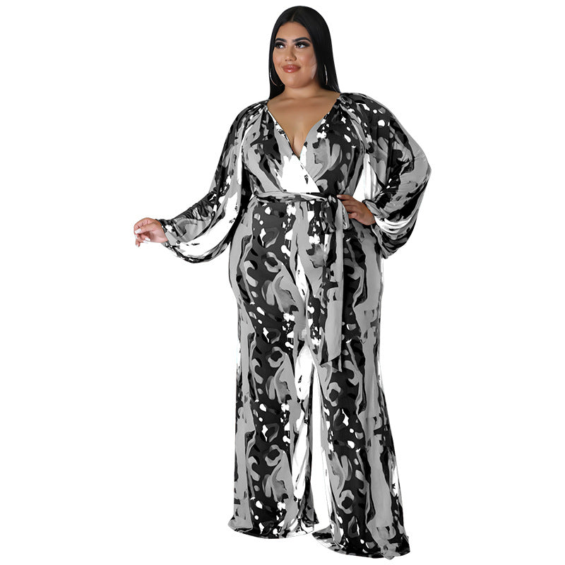 BamBam Plus Size Women Fall Print Sexy Off Shoulder Long Sleeve Jumpsuit - BamBam Clothing