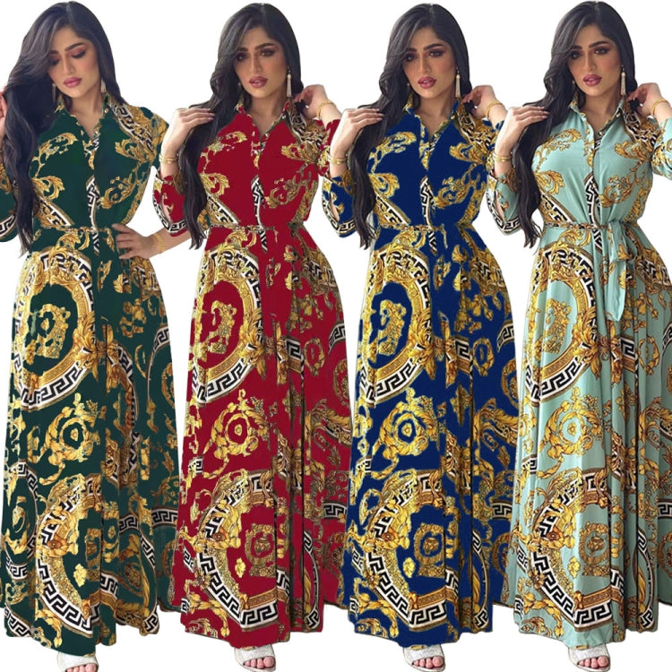 BamBam Women Spring Red Arab Dubai Middle East Turkey Morocco Printed Belted Islamic Clothing Kaftan Abaya Muslim Dress - BamBam