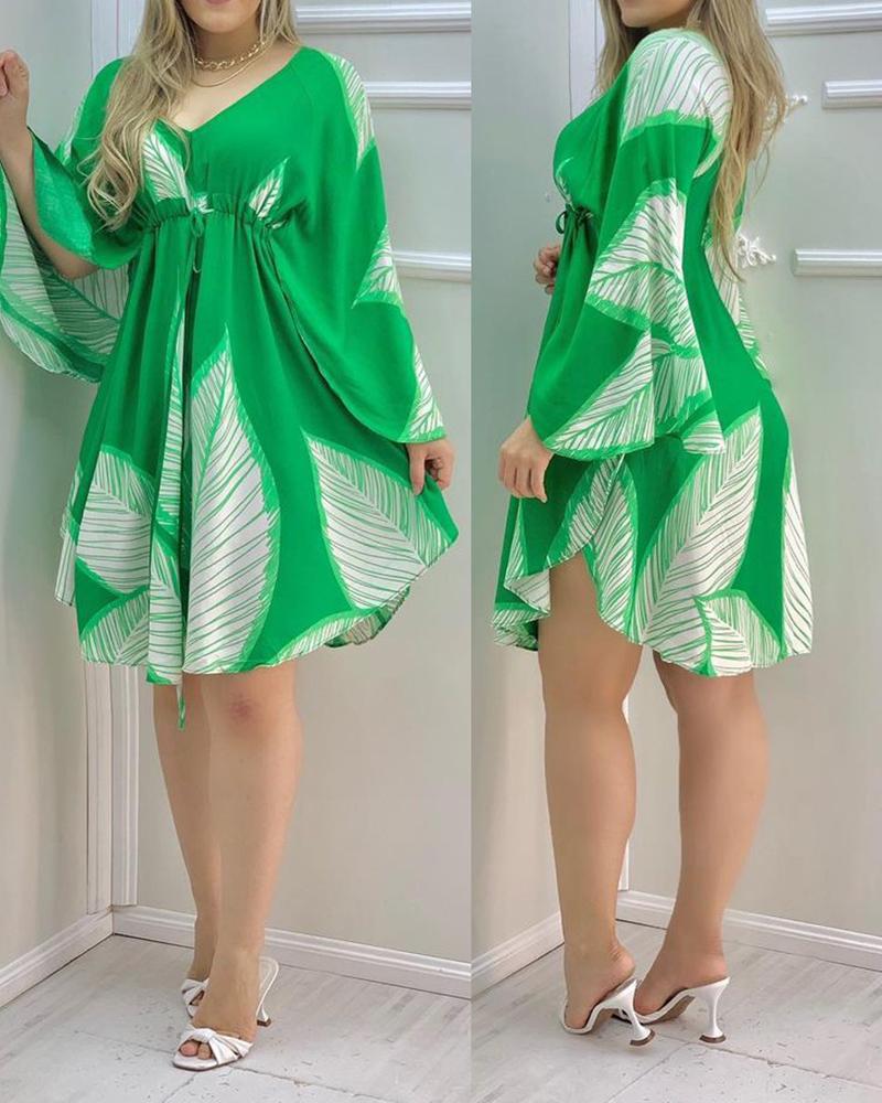 BamBam Plus Size Women Feather Print V-Neck Long Sleeve Loose Dress - BamBam