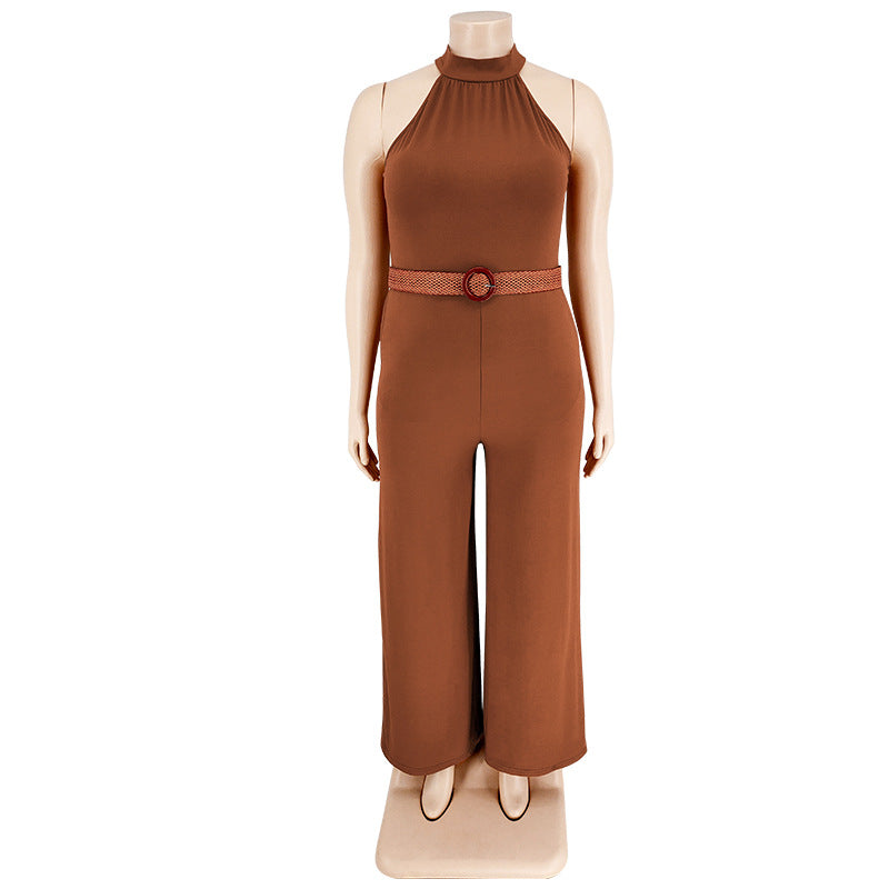 BamBam Plus Size Women's Casual Solid Color Belted Jumpsuit - BamBam Clothing