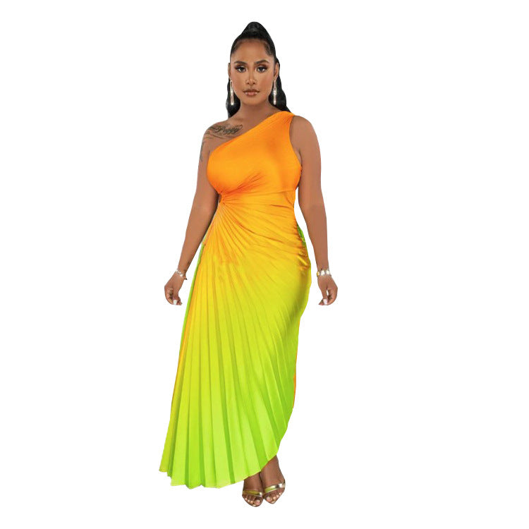 BamBam Women's Fashion Gradient Printed One Shoulder Pleated Maxi Dress - BamBam