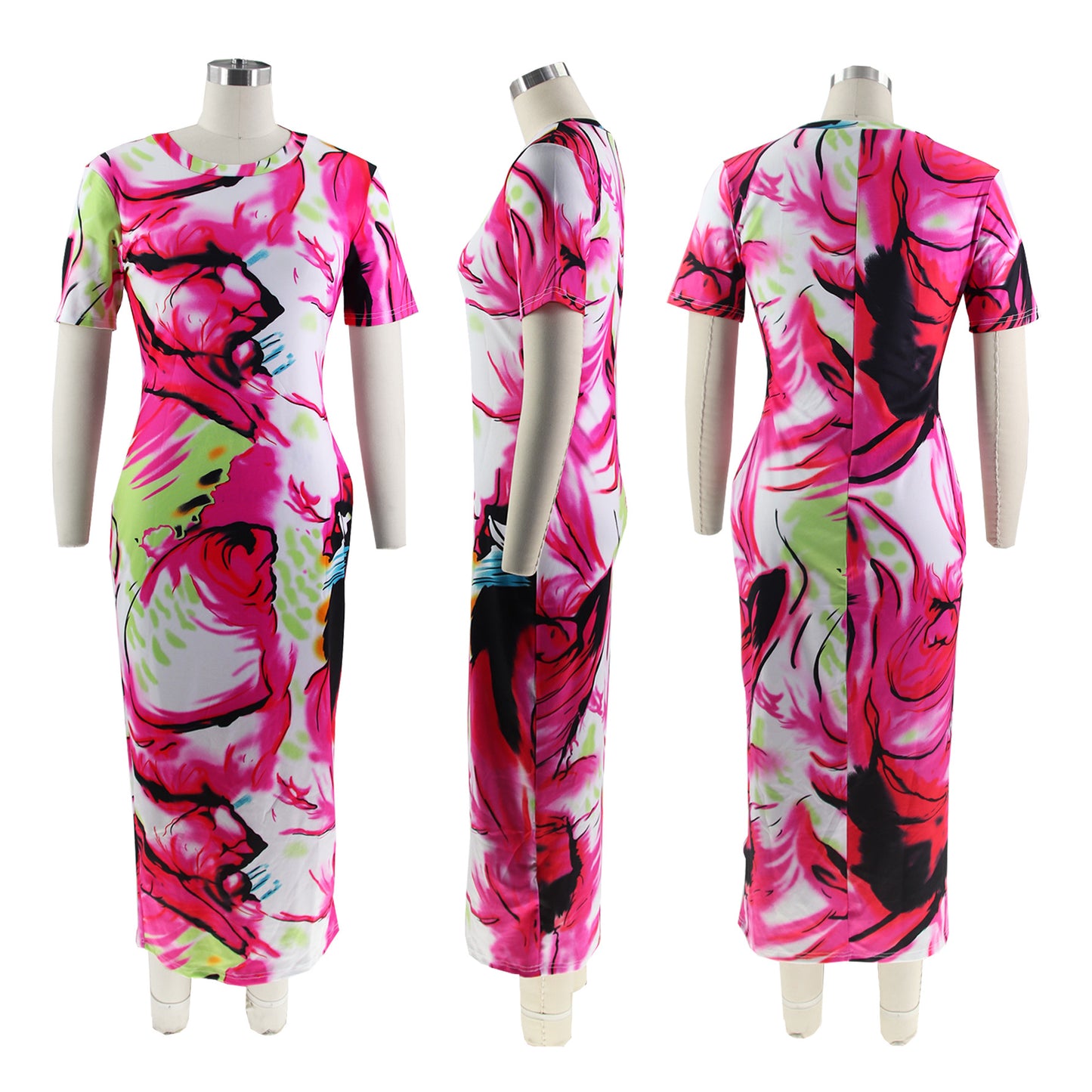 BamBam Summer Ladies Fitted Round Neck Painted Print Dress - BamBam