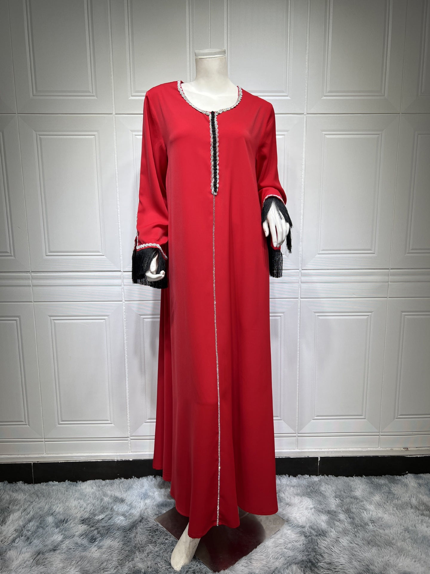 BamBam Muslim Beaded Dress Diamond Fashion Tassel Patchwork Robe Dubai Saudi Women Clothes - BamBam