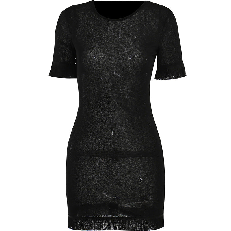 BamBam Sexy See-Through Round Neck Solid Tassel Short Sleeve Bodycon Slim Dress - BamBam Clothing