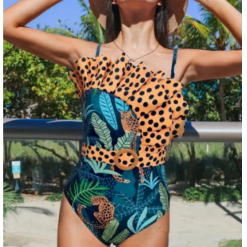 BamBam Ruffled V-Neck Sexy Leopard Print Printed One-Piece Swimsuit Skirt Two-Piece Set For Women - BamBam