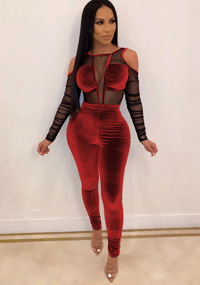 Sexy Mesh Velvet Patchwork Jumpsuit