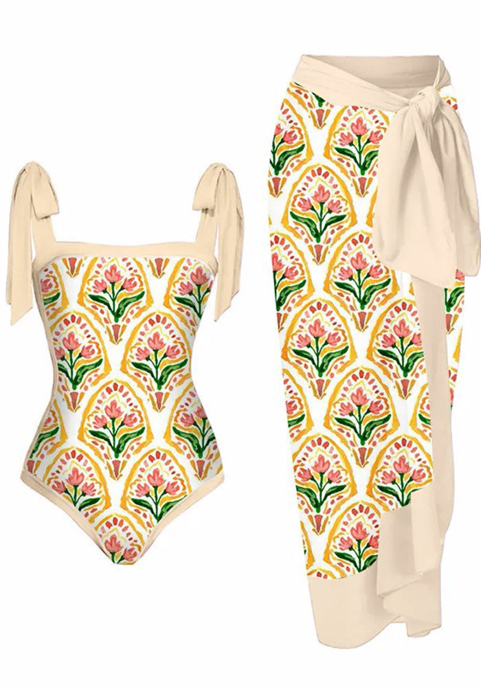 Printed One-Piece Swimsuit Sunscreen Cover Up Skirt Two Piece Set