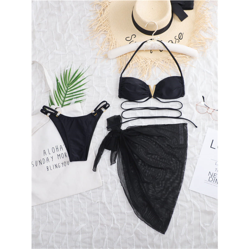 BamBam Women Bikini Sexy Black v Backless swimwear Three-Piece - BamBam