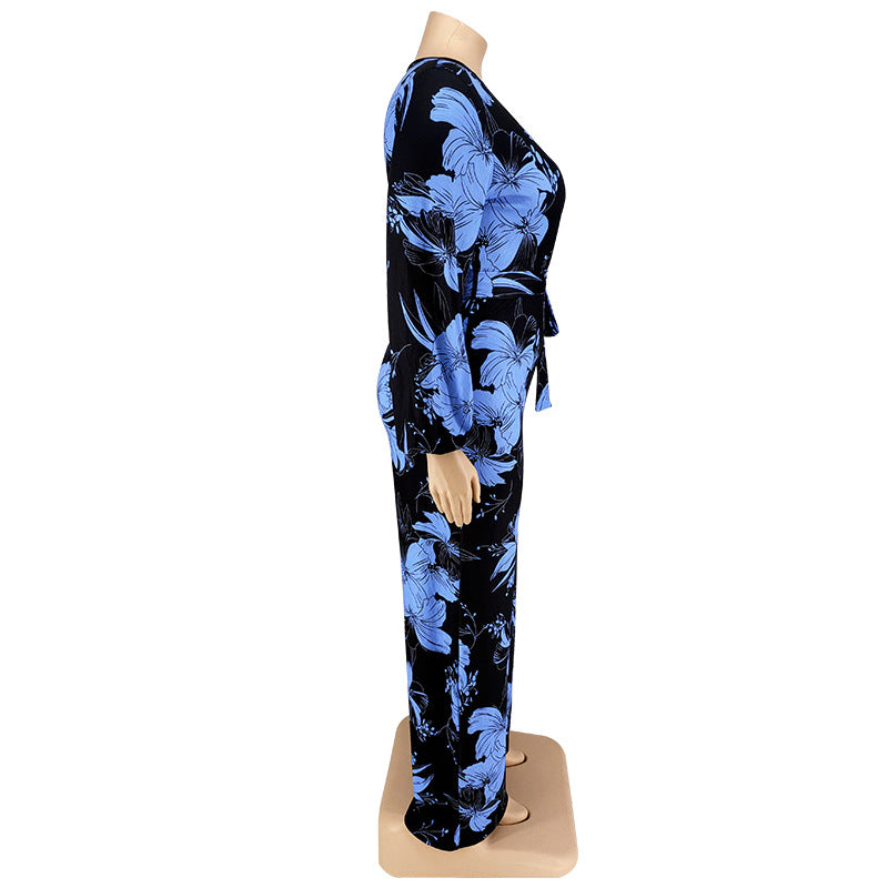 BamBam Plus Size Women Fall Print V-Neck Off Shoulder Jumpsuit - BamBam Clothing