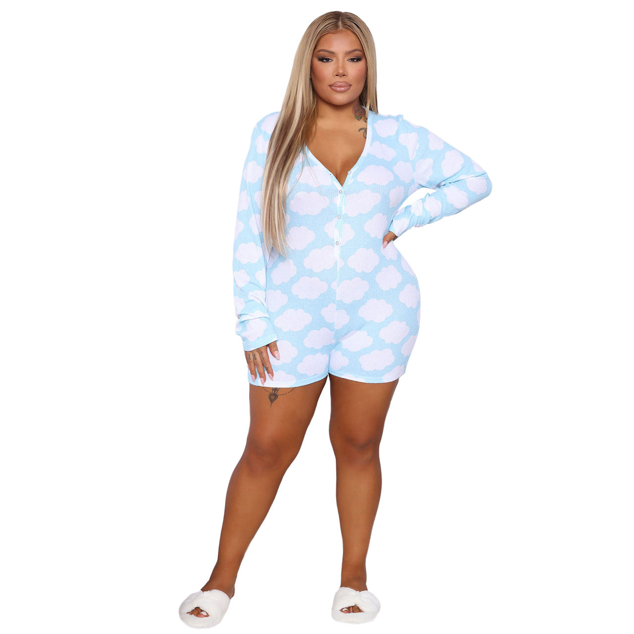 BamBam Plus Size Ladies Homewear V-Neck Print Jumpsuit - BamBam Clothing