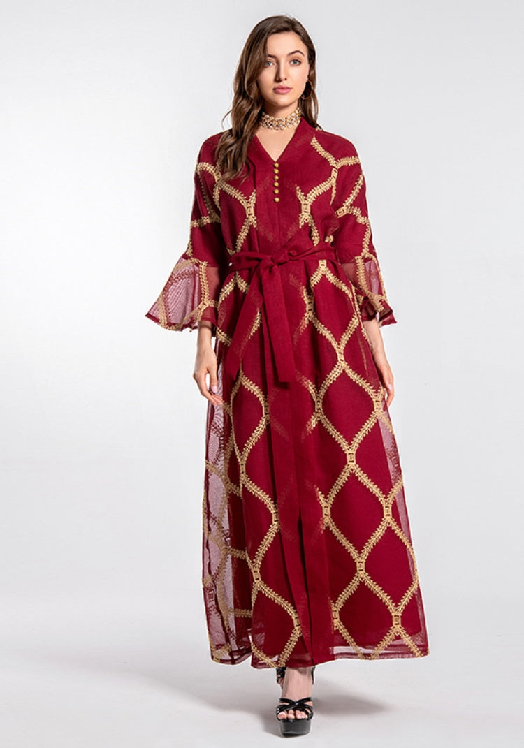 BamBam Women Summer Burgunry Arab Dubai Middle East Turkey Morocco Plaid Print Belted Islamic Clothing Kaftan Abaya Muslim Dress - BamBam