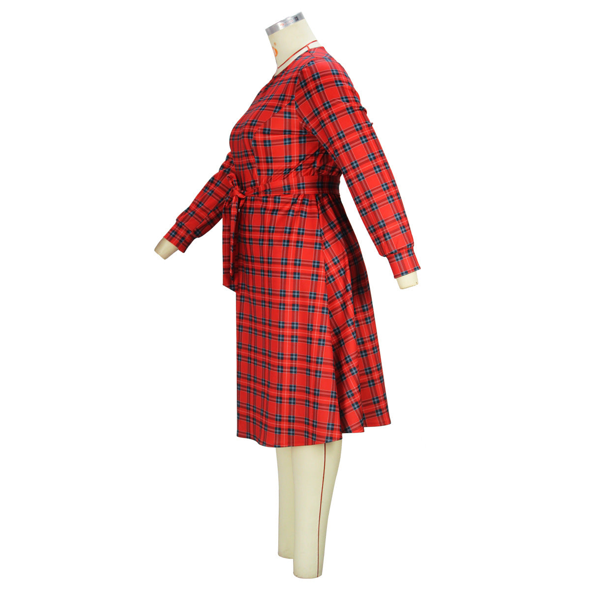 BamBam Elegant Women's Red Plaid Print Plus Size Dress Fashion Belt Midi Dress For Women - BamBam